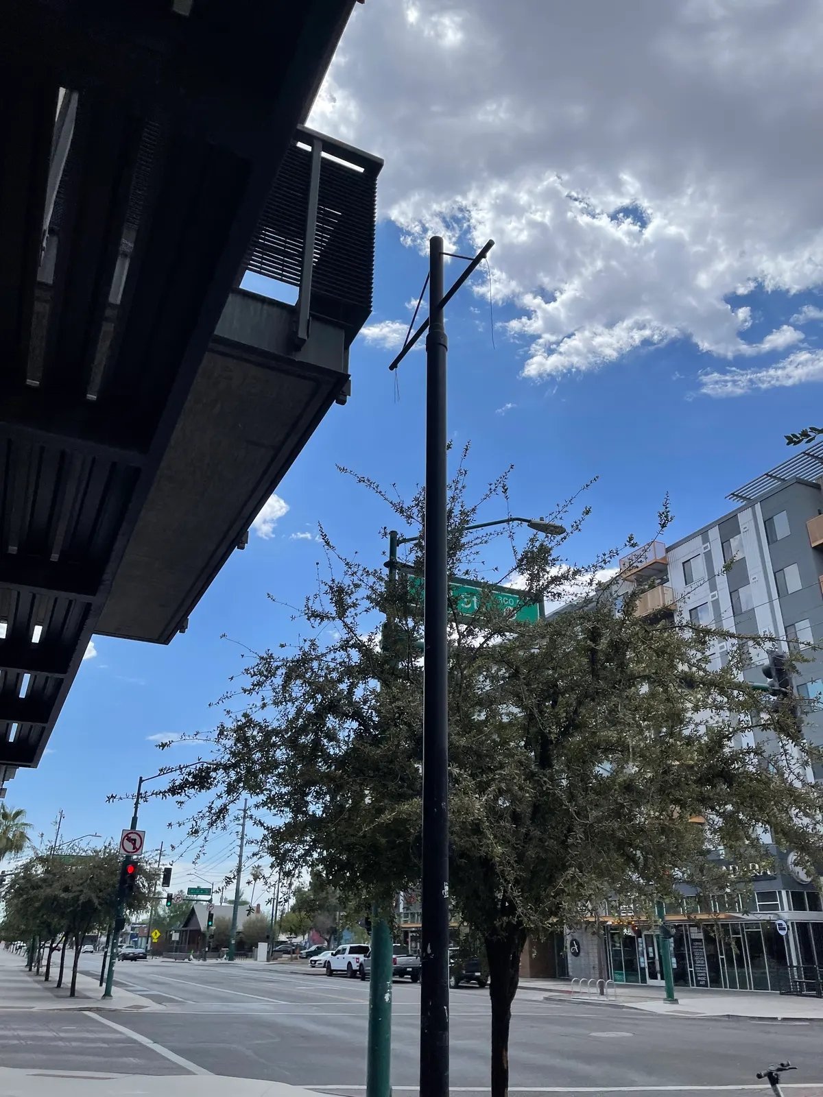 Exterior LED pole light replacement at a downtown Phoenix property by Thunderbird Electric Home Services