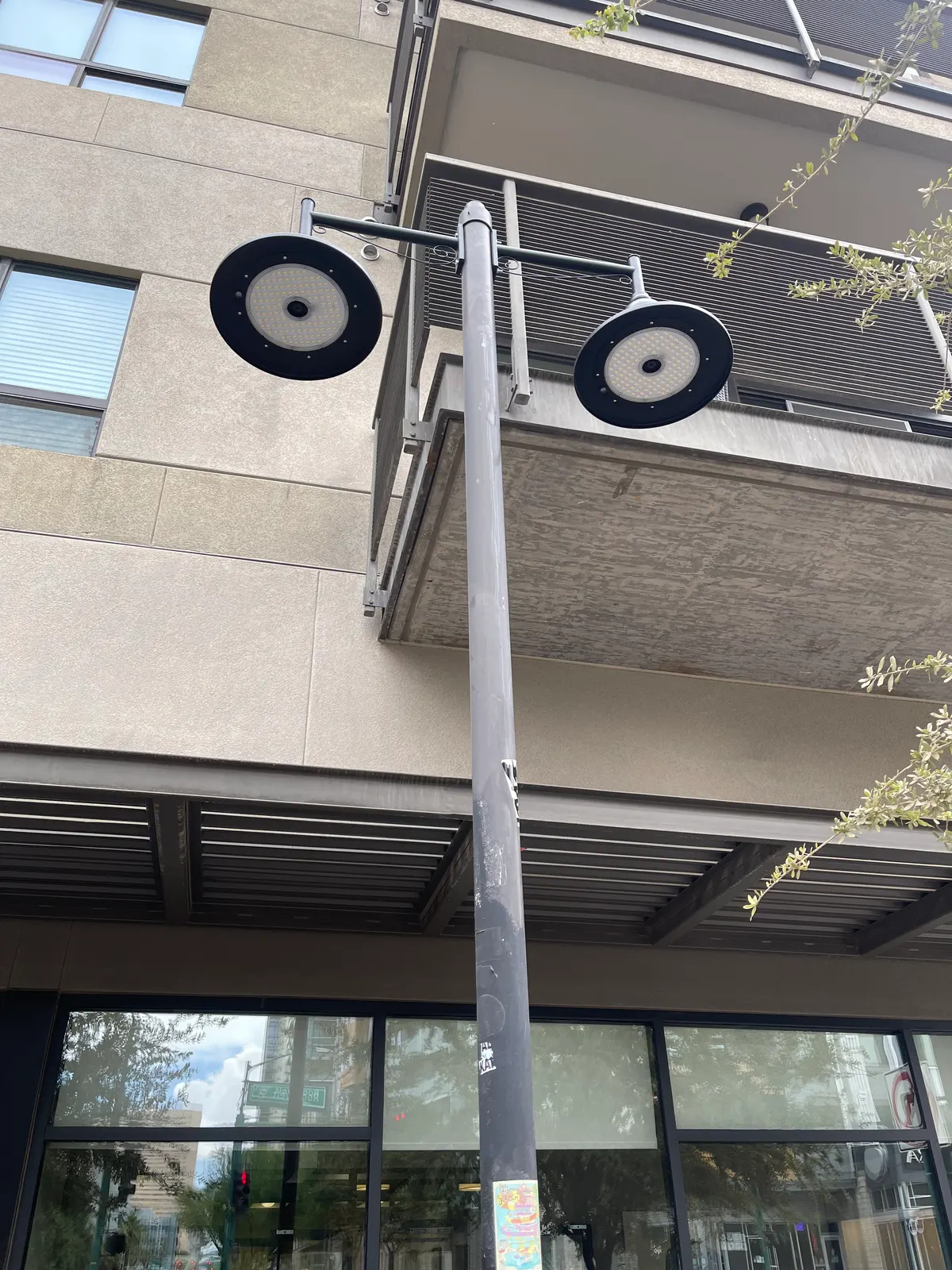 Exterior LED pole light replacement at a downtown Phoenix property by Thunderbird Electric Home Services
